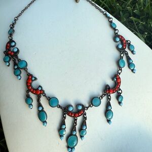 Turquoise and Coral Statement Bib Necklace